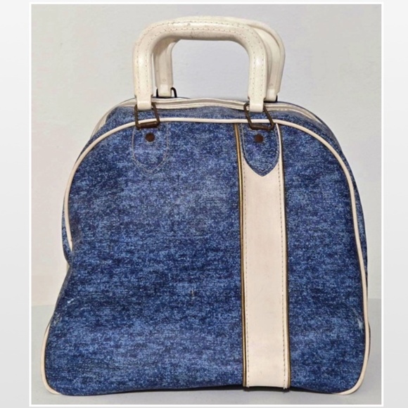 VTG Brunswick Bowling Bag Unisex Blue & White Stripe Handles Metal Rack - Picture 5 of 16